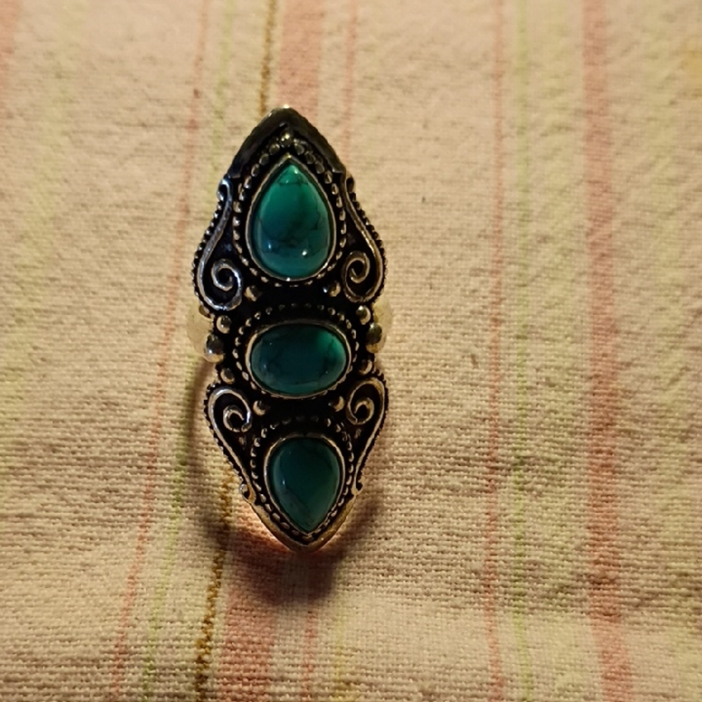 Turquoise Teardrop Three-Stone Statement Ring - W… - image 1